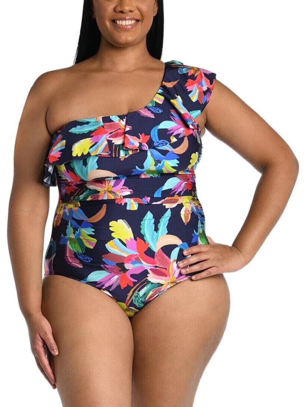 La Blanca Ruffle Mio One Shoulder Floral Swimsuit Womens 20W Plus One Piece